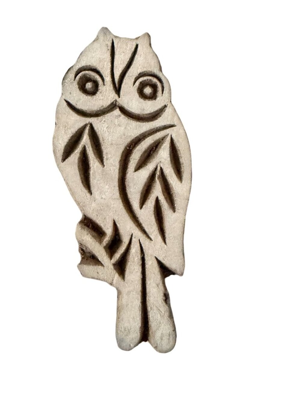 Vintage Hand Carved Wood Owl Figurine India 2783 White Brown 1970s Decor